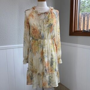 Romantic Feminine Boho INDIGO ROSE Floral Dress Size M Ruffle Cottage Flowy Knee
